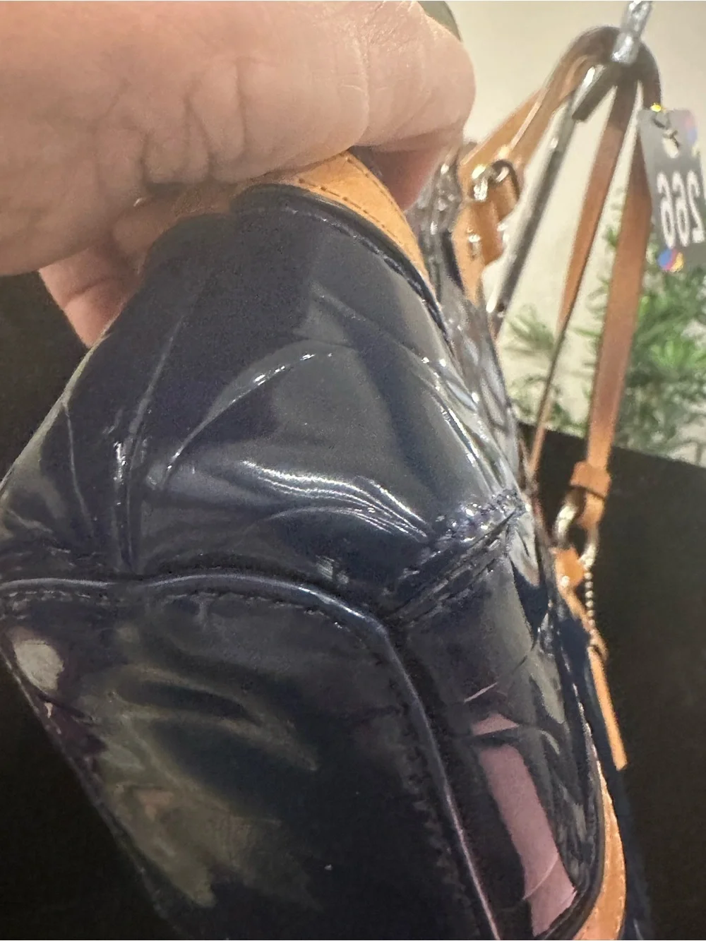 Coach #266 Peyton Embossed Navy Patent Tote with Tan Leather Trim